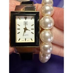 Vintage TIME Watch & Faux Pearl Bracelet Set Gold Cuff Quartz